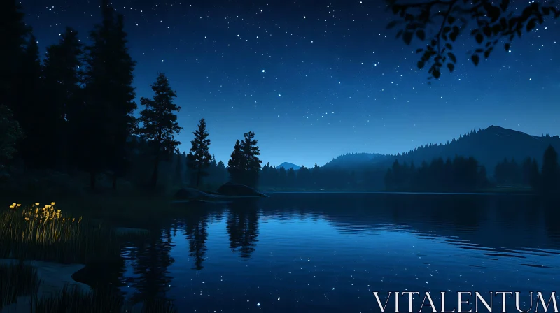 Peaceful Nighttime Lake Scene with Stars and Reflections AI Image