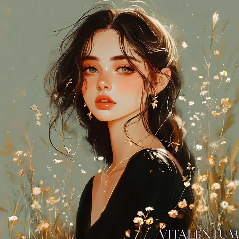 Ethereal Portrait of a Woman Amidst Flowers AI Image