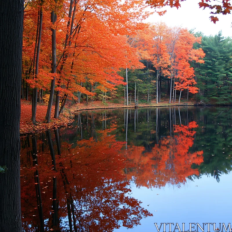 Picturesque Autumn Foliage Reflected in Calm Lake AI Image