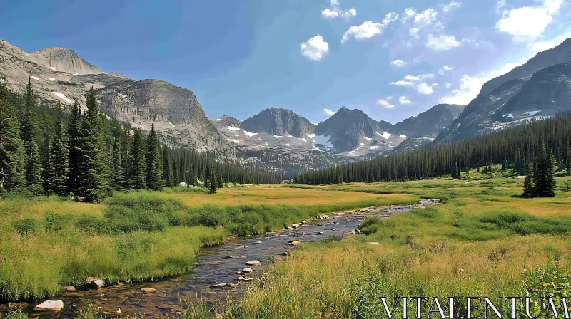 Scenic Nature View of Mountains and Stream AI Image