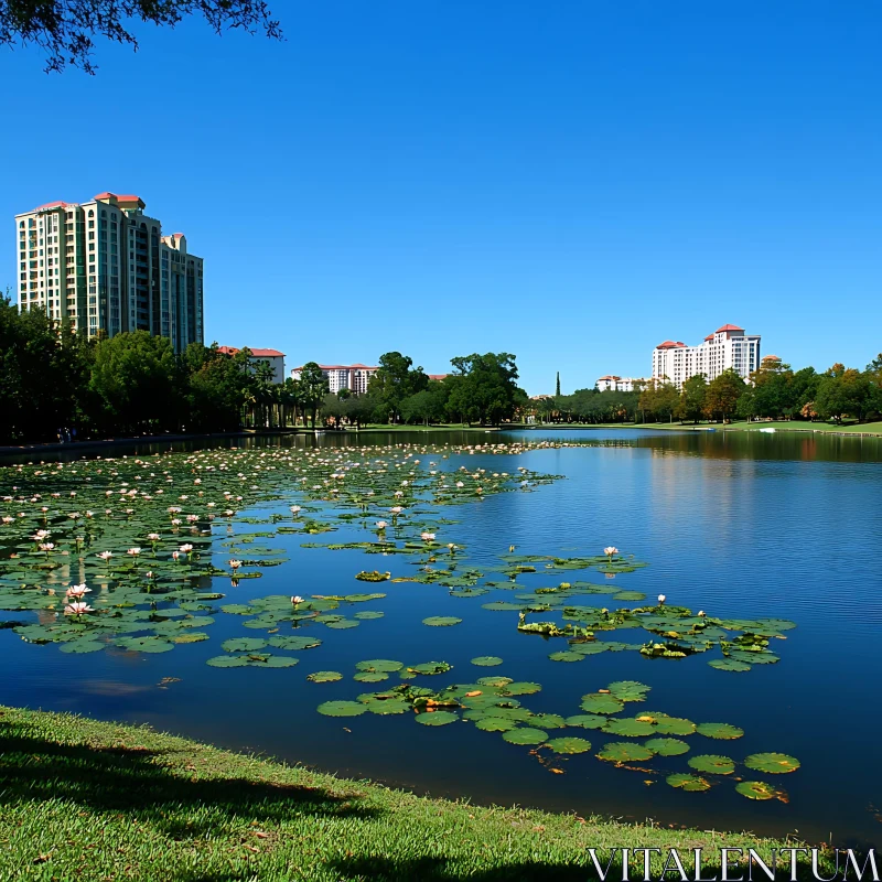 Lakeside Scene with Lilies and High-rises AI Image