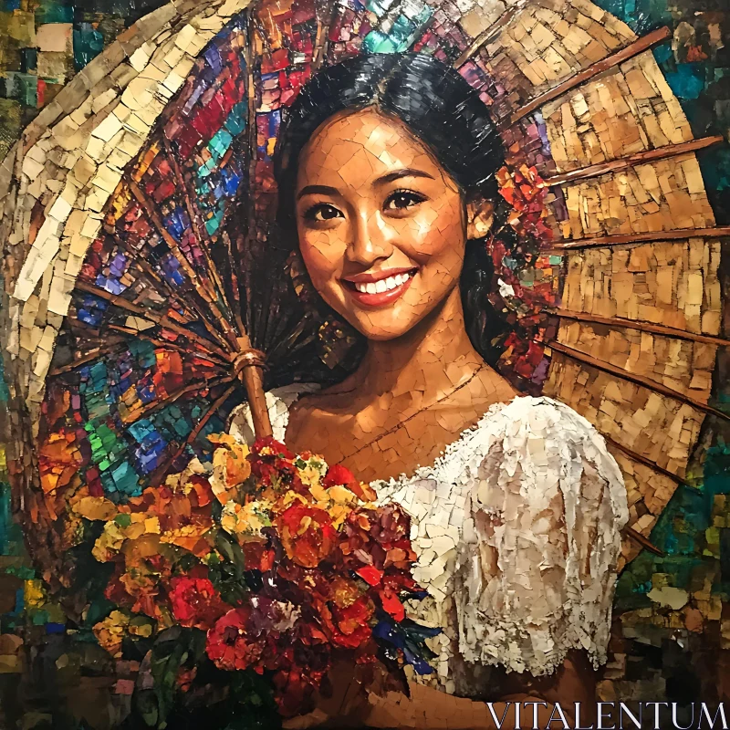 Colorful Mosaic Parasol with Smiling Woman Holding Flowers AI Image