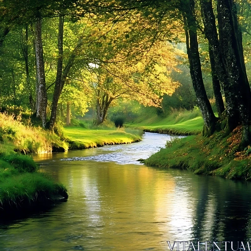 Sunlit Forest River Scene AI Image