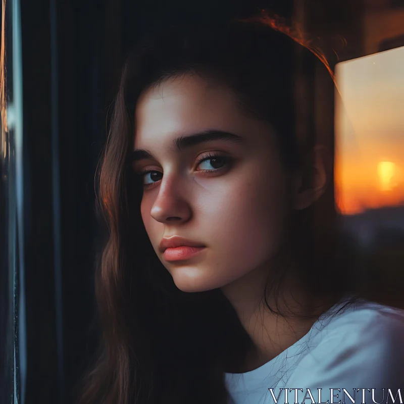 Introspective Woman at Sunset Window AI Image