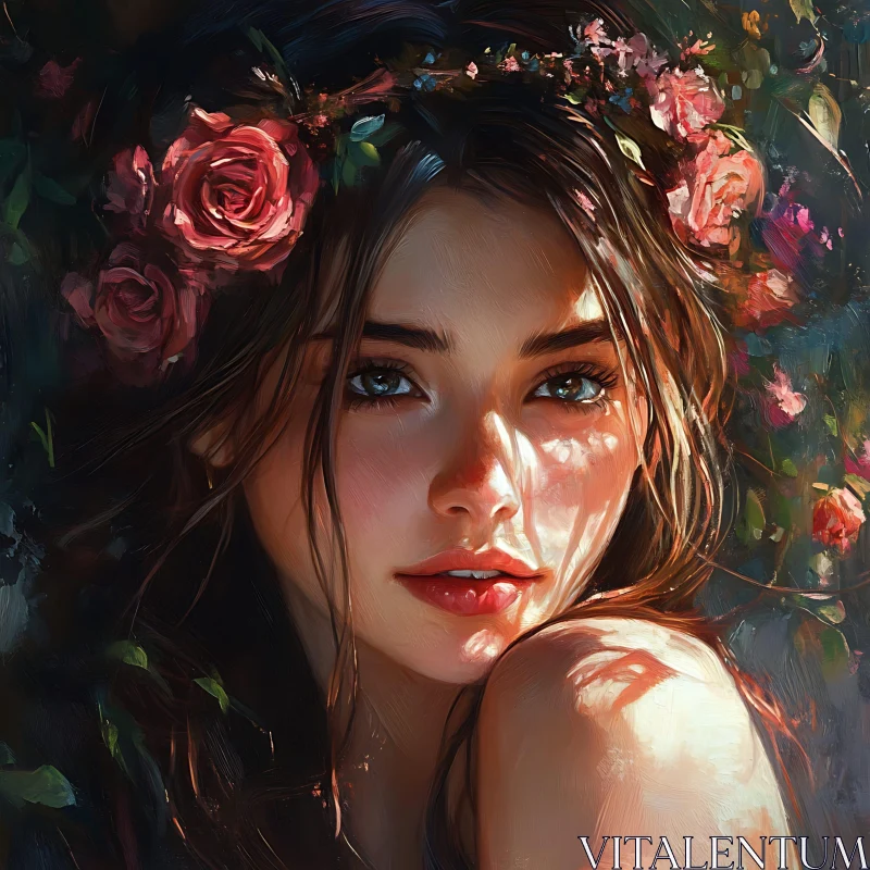 Young Woman Adorned with Pink Roses AI Image