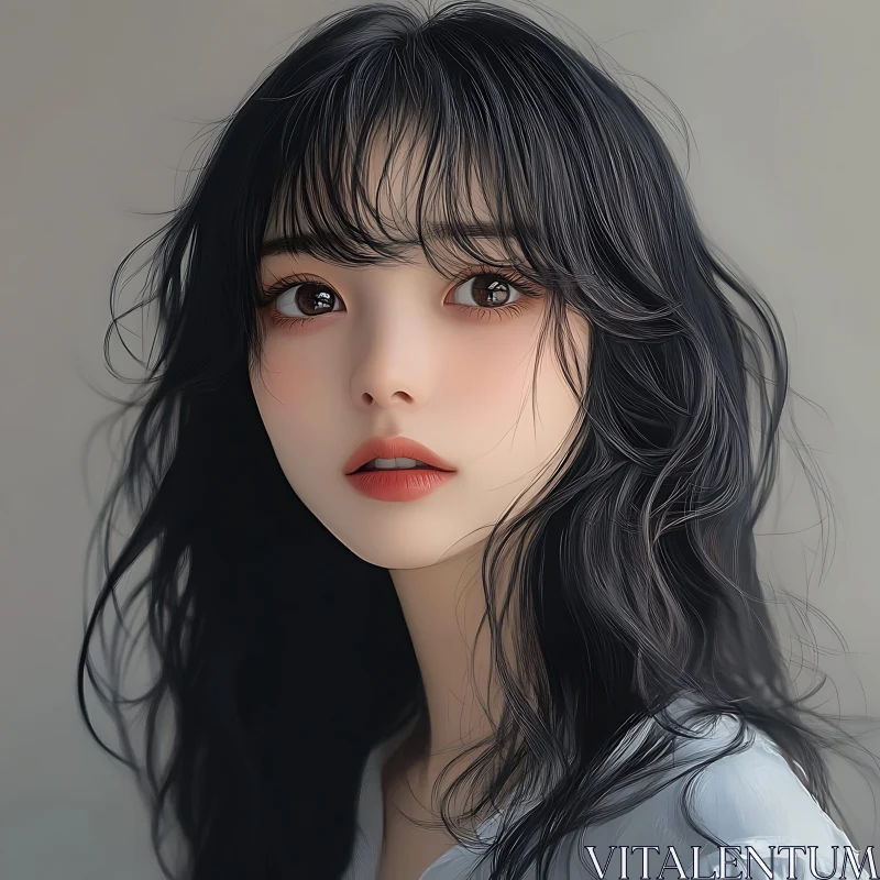 Artistic Portrait of a Woman with Black Hair and Soft Expression AI Image