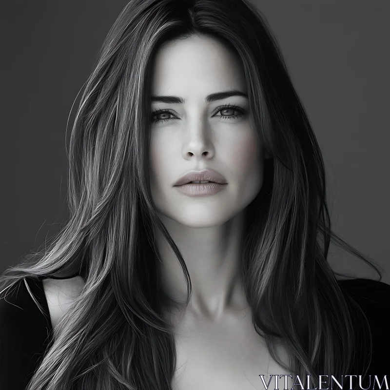 Grayscale Long-Haired Woman Portrait AI Image