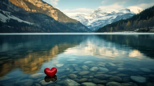 Mountain Lake with Red Heart Reflection