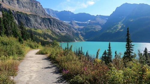 Mountain Path Leading to Turquoise Lake Amidst Rocky Cliffs