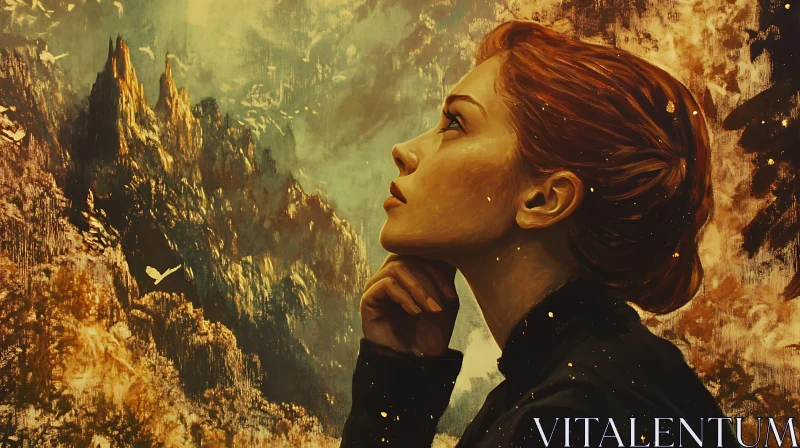 Pensive Woman Looking at Mountains AI Image