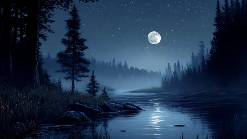 Mystical Moonlit River in a Forested Landscape