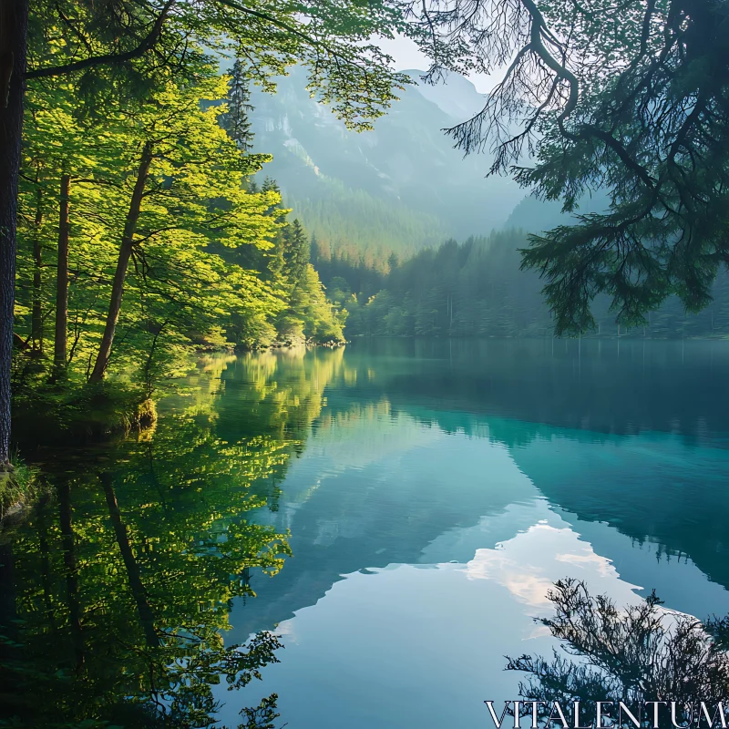 Serene Lake and Lush Forest with Reflections AI Image