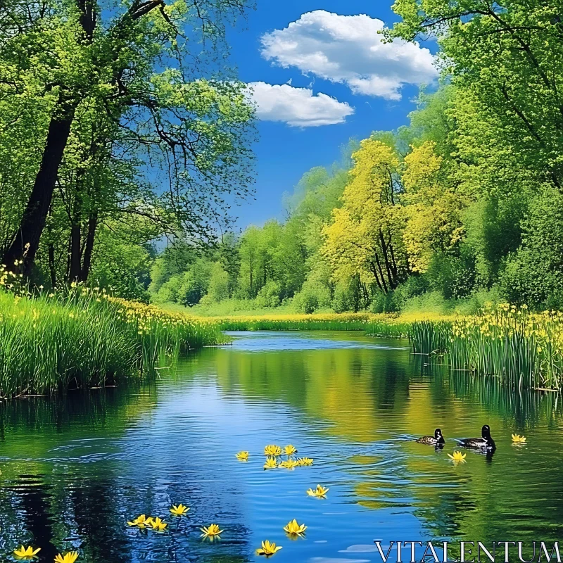 Peaceful Lake with Ducks and Yellow Flowers AI Image