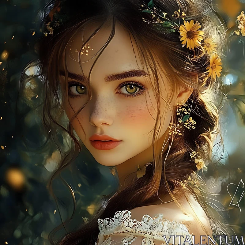 Nature-Inspired Portrait with Green Eyes and Flower Adornments AI Image