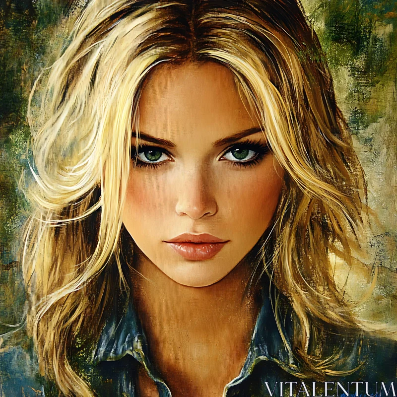 Captivating Blonde Woman with Green Eyes in Painting AI Image