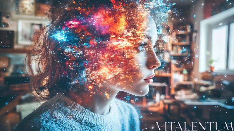 Woman's Face Dissolving into Galaxy AI Image