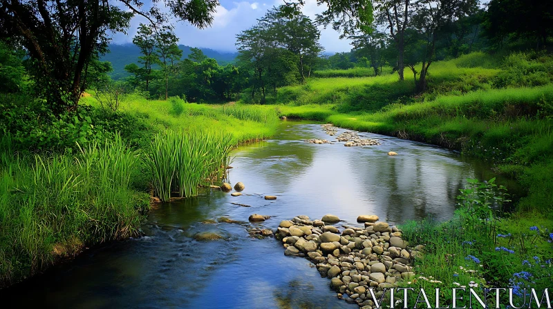 AI ART River Scene with Green Foliage and Clear Sky