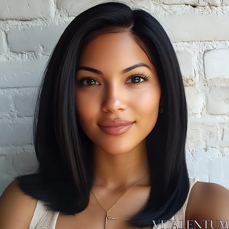 Elegant Portrait of a Woman with Shoulder-Length Black Hair AI Image