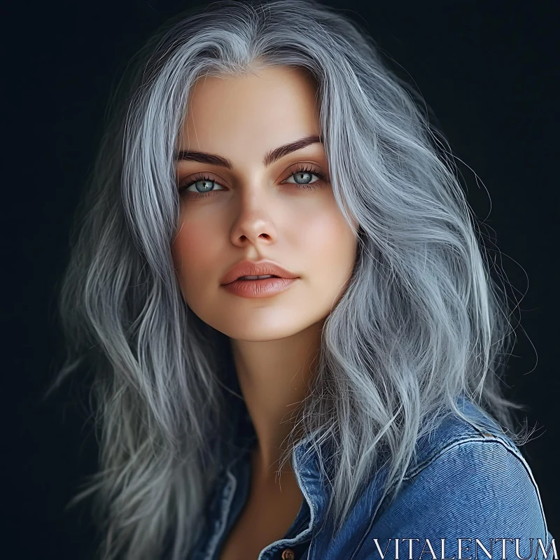 Grey-Haired Woman in Denim Shirt Portrait AI Image