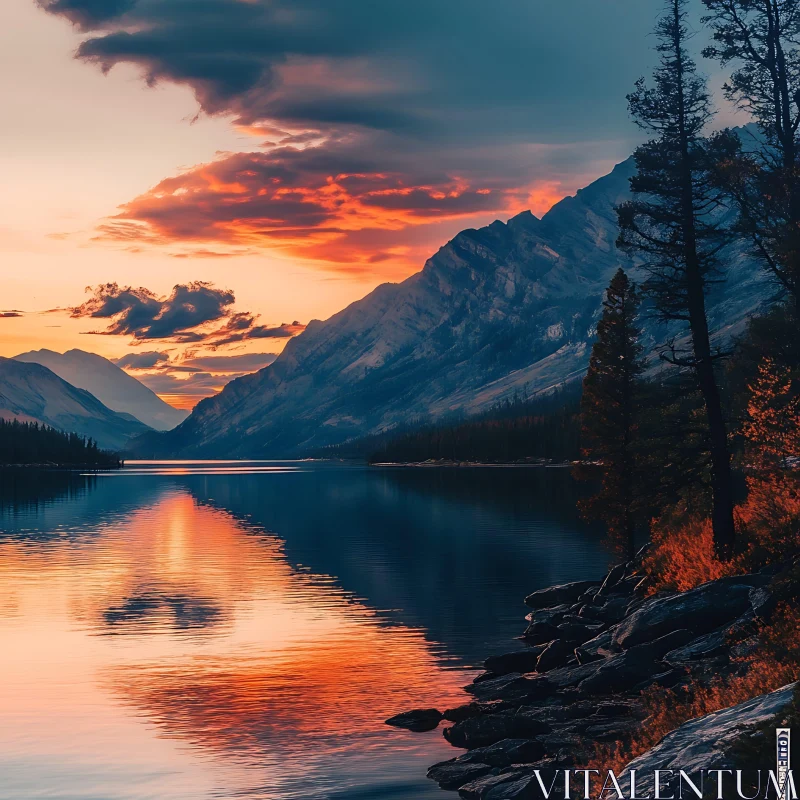 Majestic Sunset Over Mountainous Lake AI Image