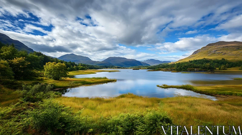 Tranquil Lake Amidst Mountains and Greenery AI Image