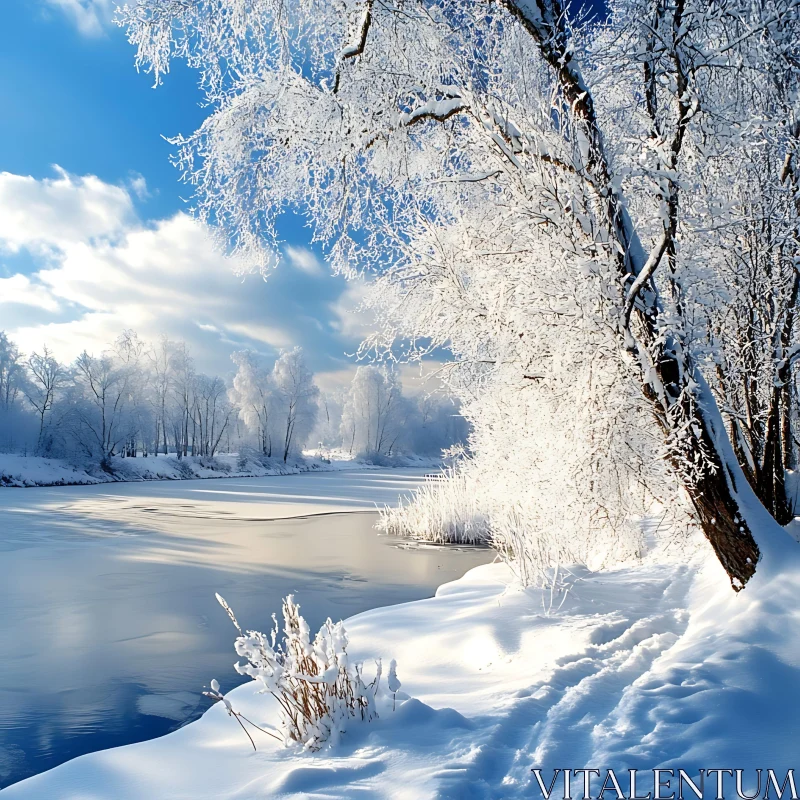 Snowy Winter Scene by the Frozen River AI Image