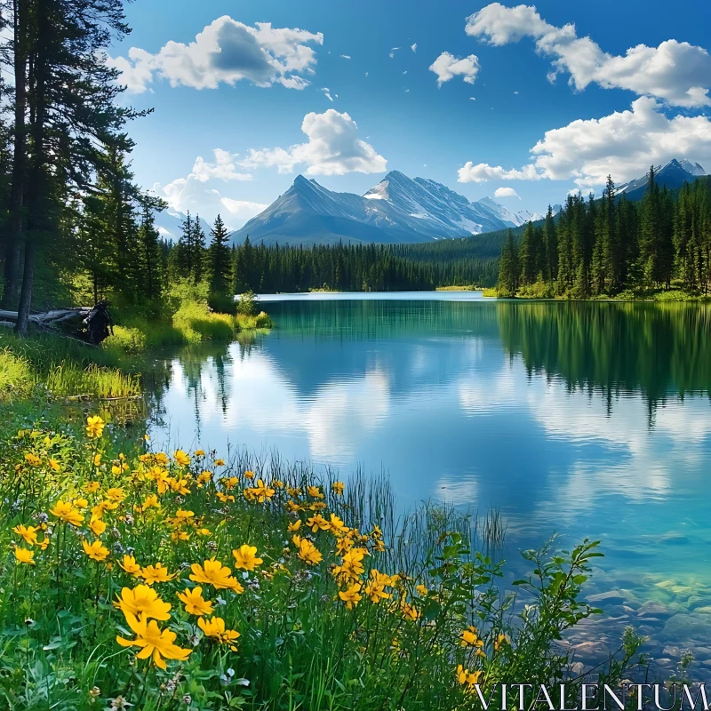 AI ART Scenic Lake with Mountains and Wildflowers