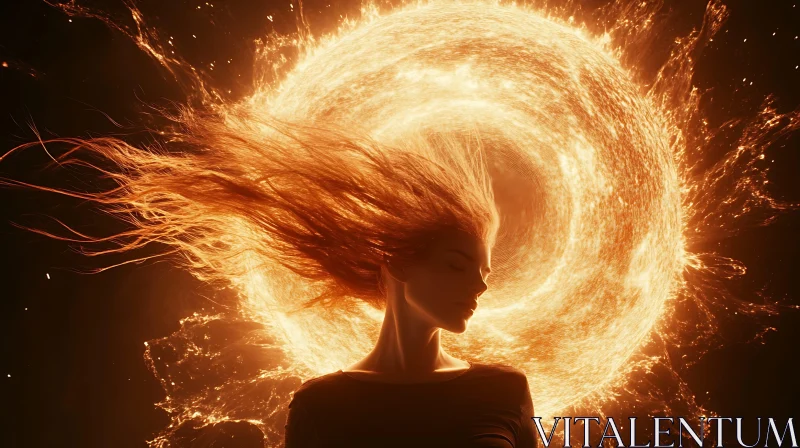 AI ART Woman with Fiery Hair and Cosmic Fire Halo