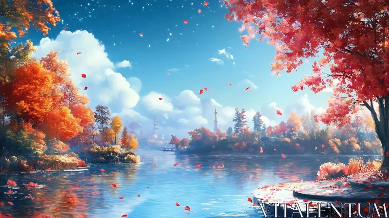 AI ART Autumn Scene with Red and Orange Leaves by a Tranquil Lake