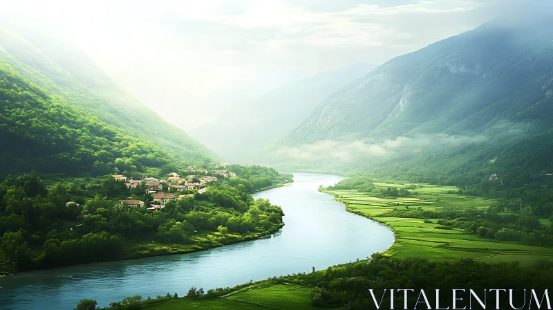 Tranquil River Valley with Verdant Landscape AI Image