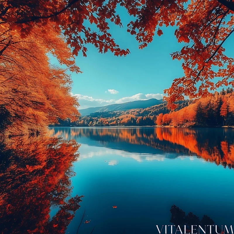 Autumn Foliage Mirrored in a Tranquil Lake AI Image