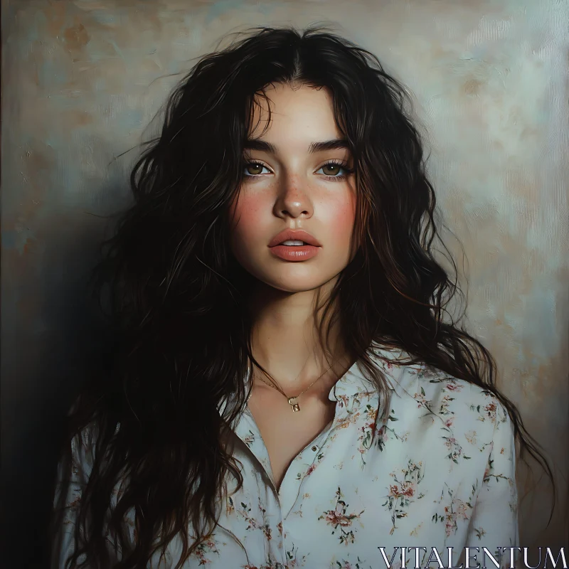 Realistic Woman Portrait with Floral Blouse AI Image