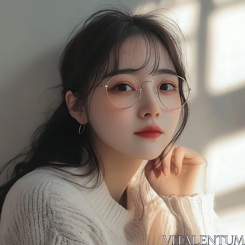 Contemplative Woman with Glasses in Soft Light AI Image