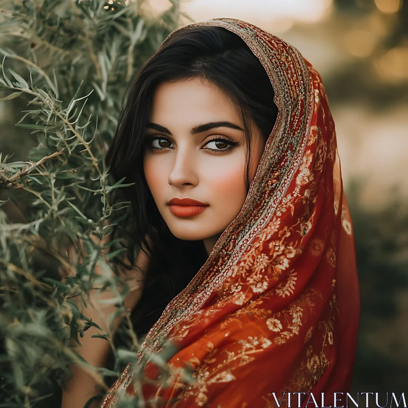 Serene Woman with Embroidered Red Shawl in Nature AI Image