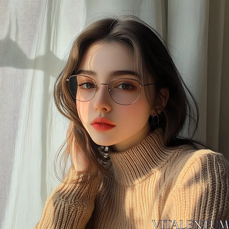 AI ART Thoughtful Woman in Cozy Sweater and Glasses