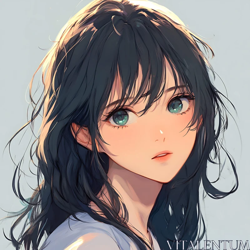 Serene Anime Girl with Tousled Dark Hair AI Image