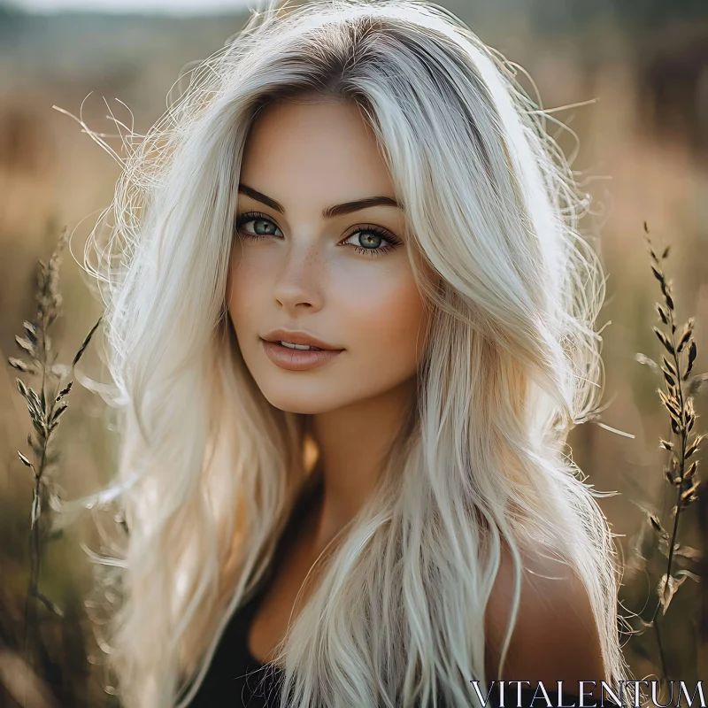 Blonde Woman Amidst Tall Grasses in Warm Sunlight AI Image