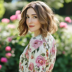 Lady in White Floral Dress in Lush Rose Garden