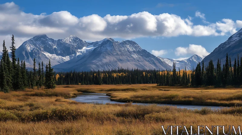 Majestic Mountain Landscape with River and Meadow AI Image