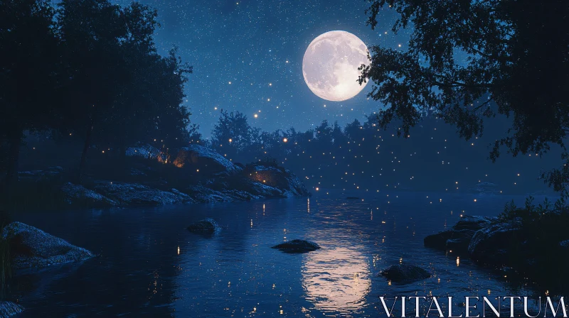 AI ART Full Moon Over Tranquil Night River