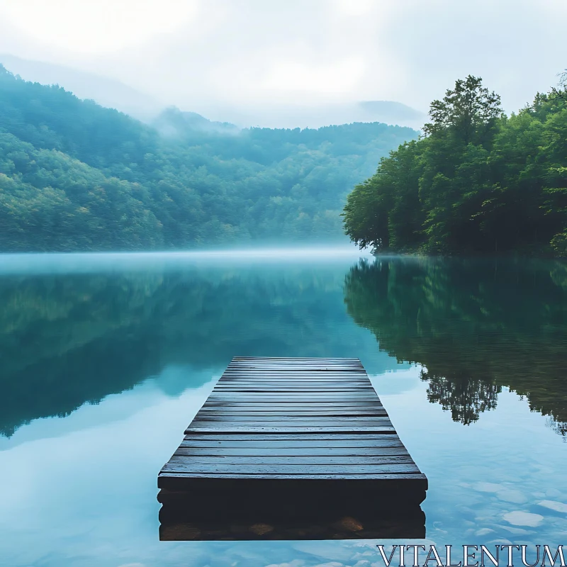 Serene Lakeside Scene with Mist and Forest AI Image