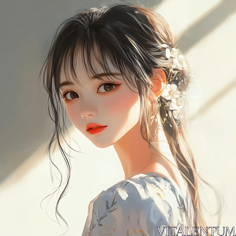 Anime Woman with Flower-Embellished Hair AI Image