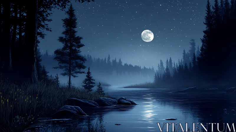 Mystical Moonlit River in a Forested Landscape AI Image