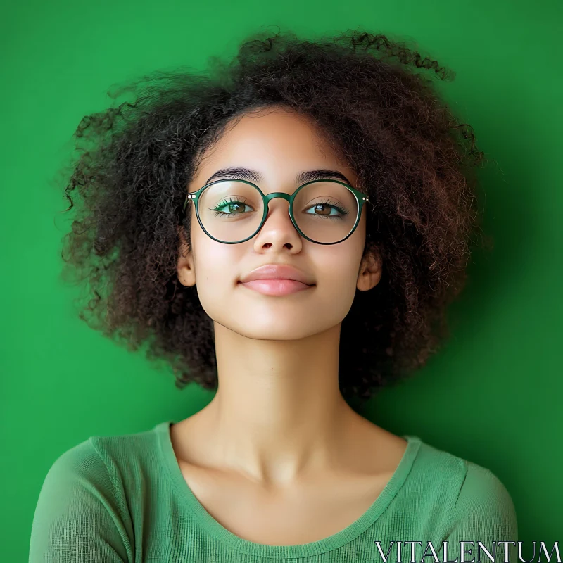 AI ART Young Woman with Curly Hair in Green Top