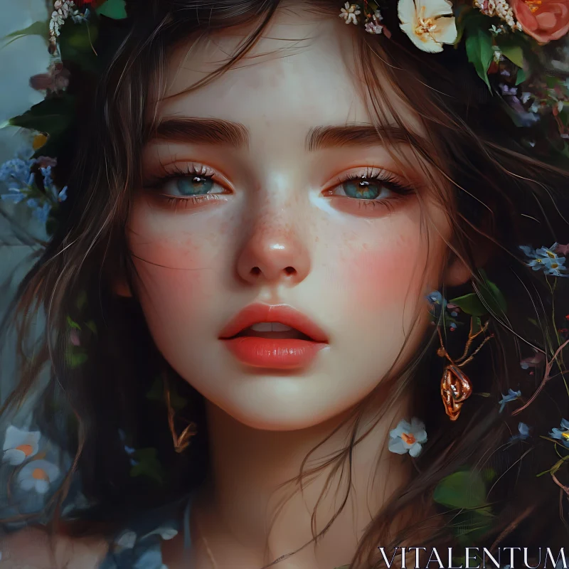 Freckled Beauty with Floral Crown AI Image