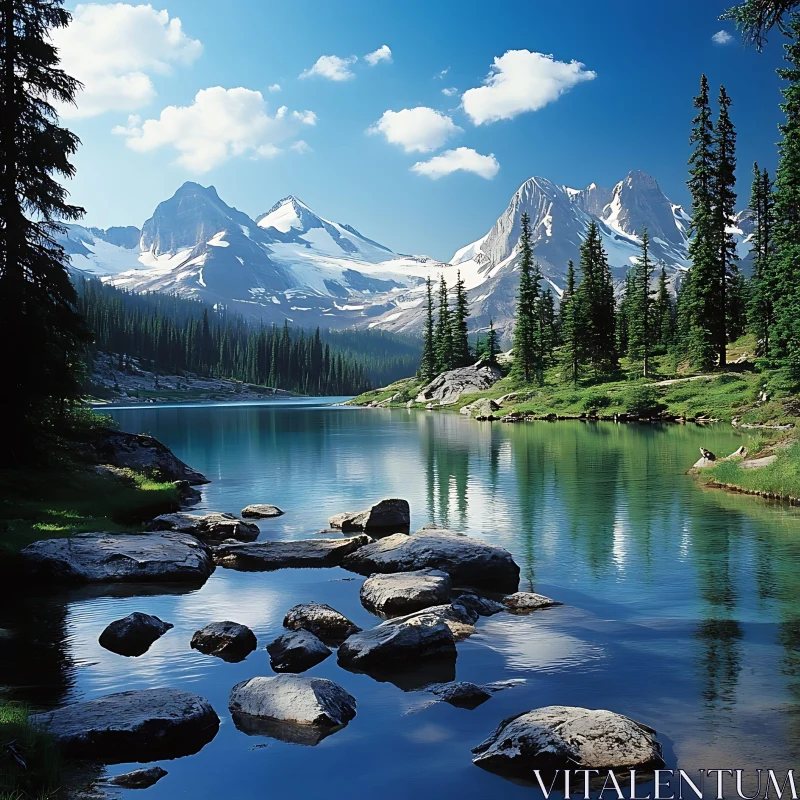 Peaceful Lake with Forest and Mountain Reflection AI Image