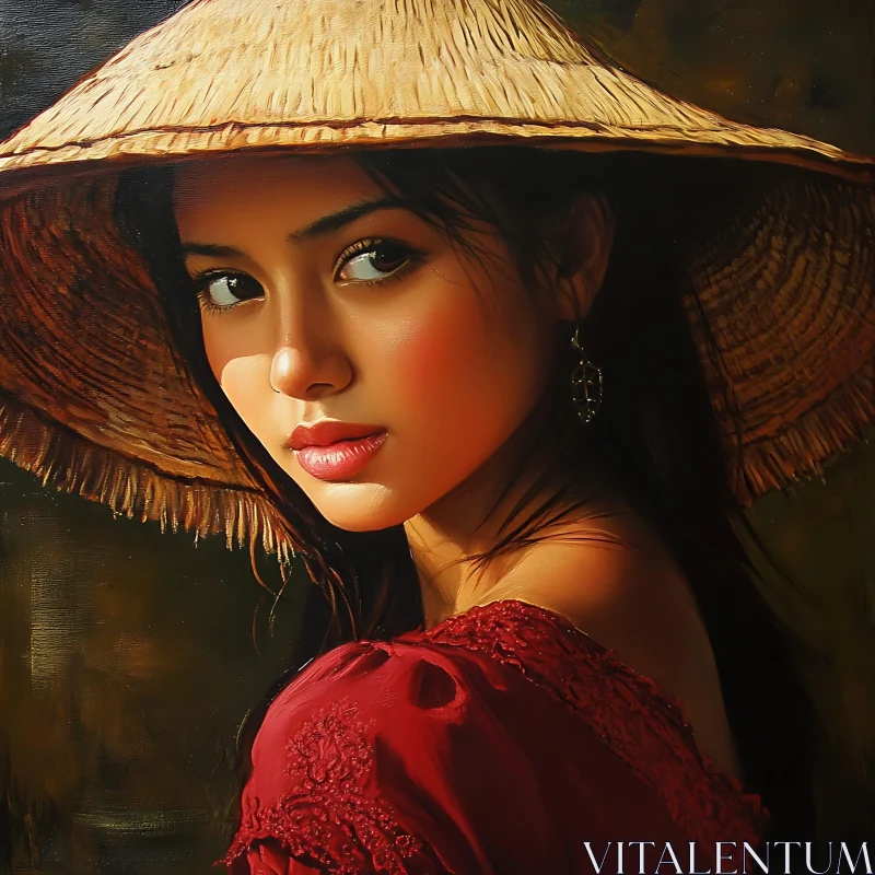 Woman's Portrait with Straw Hat and Red Dress AI Image