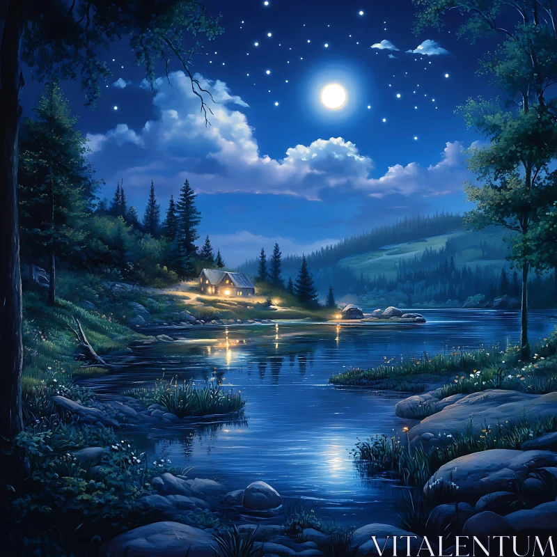 Serene Night by the River with Full Moon AI Image