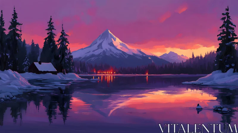 Tranquil Winter Landscape with Sunset Reflection AI Image