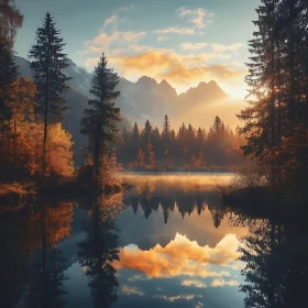 Tranquil Sunset Over Lake Surrounded by Autumn Foliage
